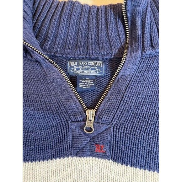Vintage Polo Ralph Lauren Sweater Men Large Blue Striped 100% Cotton Quarter Zip - Picture 3 of 8